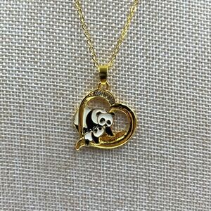 VTG Gold Tone Panda Heart Necklace Enamel Animal Pendant Crystal Accents Chain